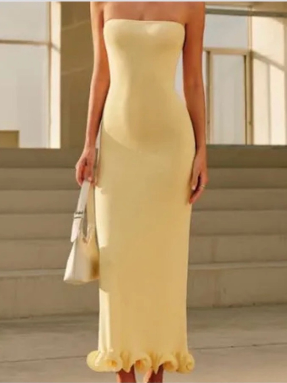 Commense Strapless Pale Yellow Midi Dress with Ruffle Hem